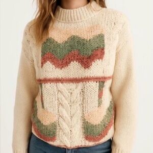 Bramble Lane Sz M Hand Knitted Cable Knit Sweater Coral w/ Green & Rust Accents